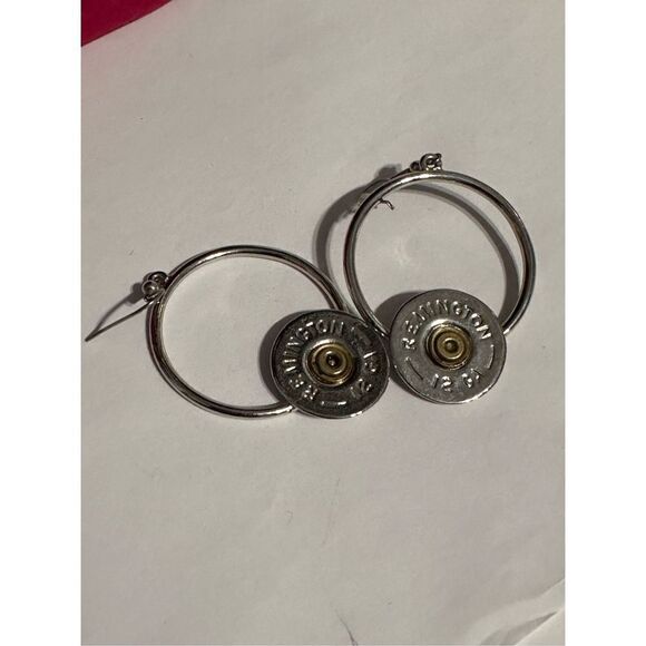UNIQUE 12 Ga Remington silver tone Plated Double Bullet Earring Hoops  Shell Ear - Picture 5 of 5